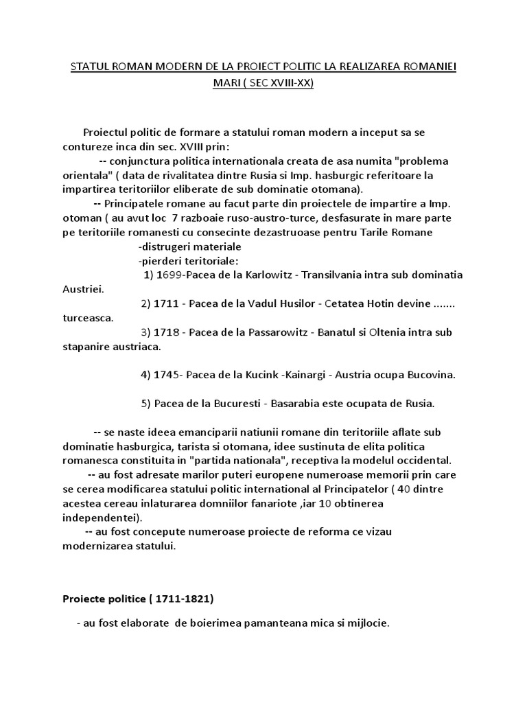 Statul Roman Modern de La Proiect Politic La Realizarea Romaniei Mari | PDF