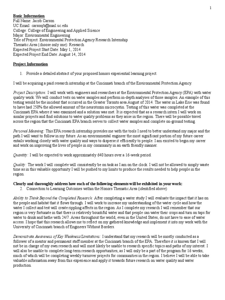 Self Designed Proposal Epa Research Internship | PDF | United States ...