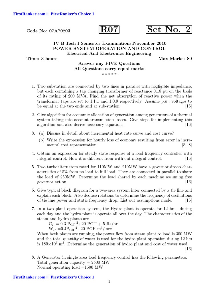 Analysis of Power System Operation and Control Exam Questions PDF