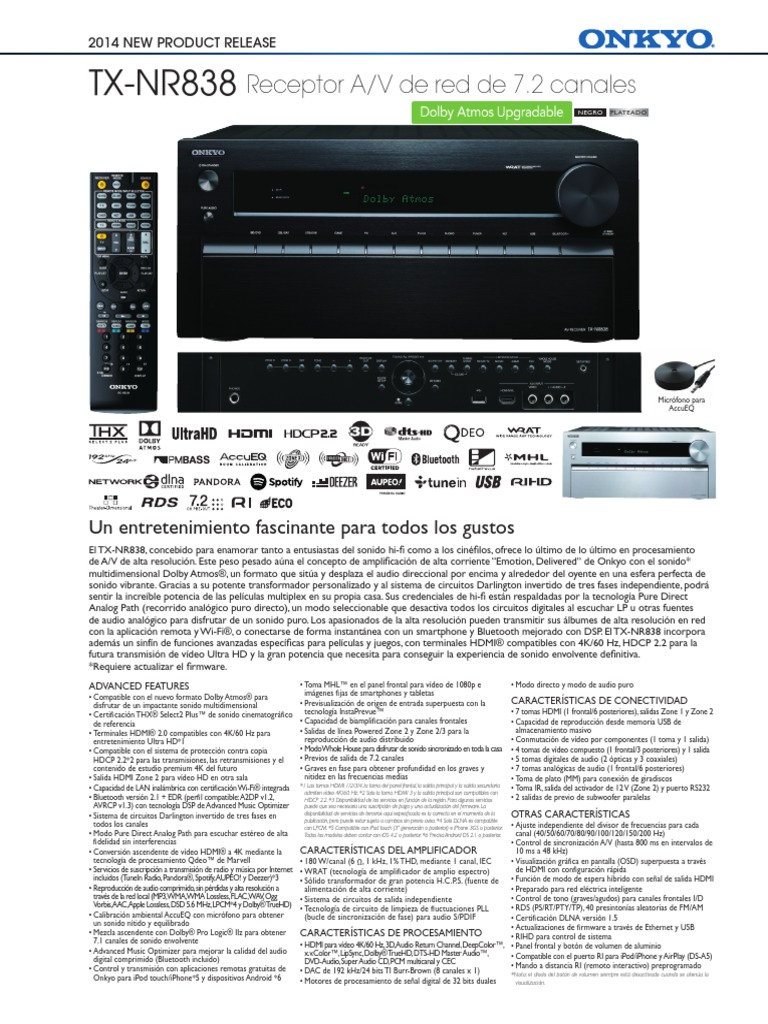 Onkyo TXnr838 Datasheet Es PDF Hdmi Altoparlante