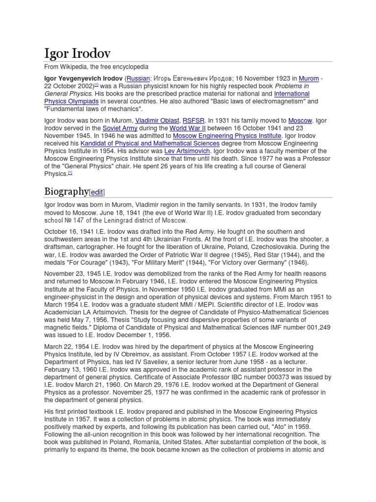 Ie Irodov Biography | PDF | Academia | Further Education