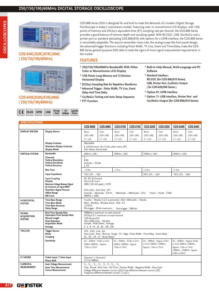 250/150/100/60Mhz Digital Storage Oscilloscope: GDS-820S GDS-806S GDS ...