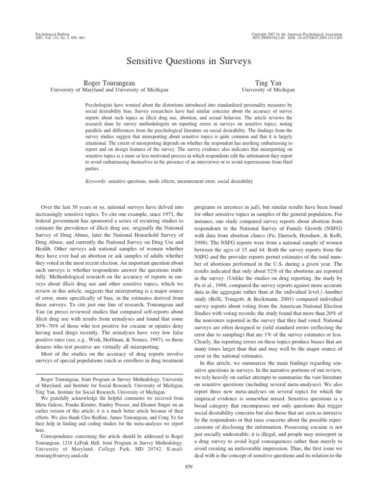 Sensitive Questions in Surveys: Roger Tourangeau Ting Yan | PDF ...