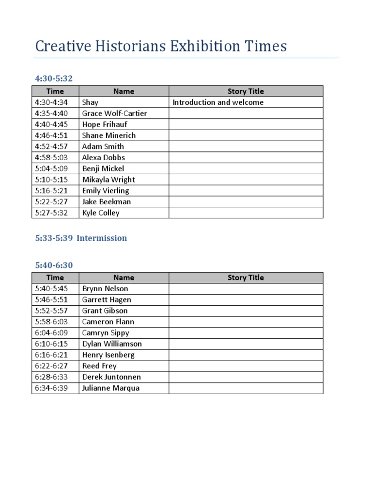 Creative Historians Exhibition Schedule | PDF