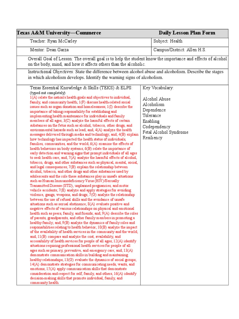 Chapter 10 Sec 2 and 3 Lesson Plan | PDF | Substance Abuse | Alcoholism