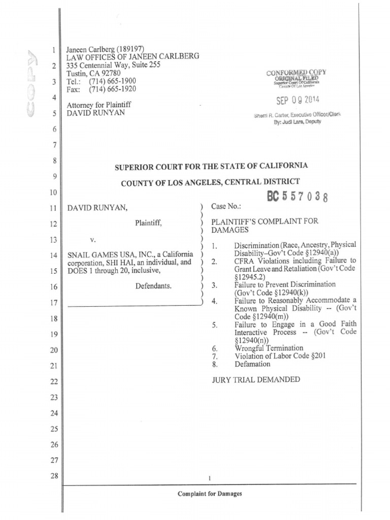 David Runyan Snail Games Lawsuit PDF