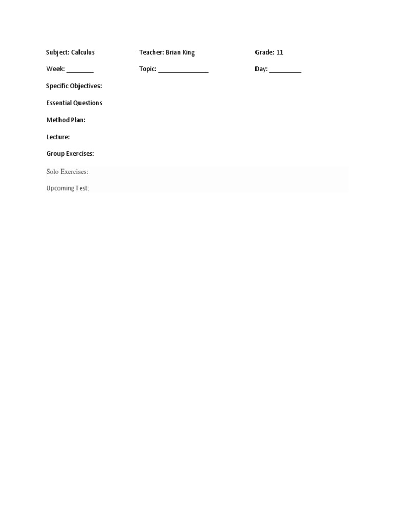 11th Grade Calculus Lesson Plan | PDF | Self-Improvement