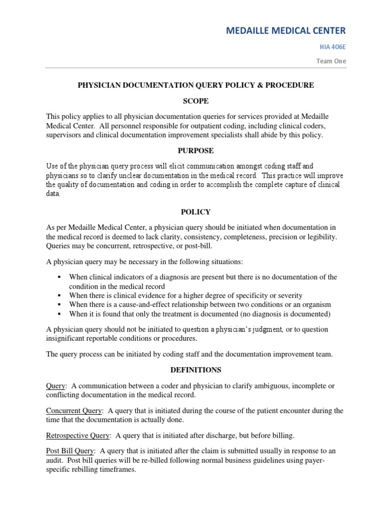 406 e physician documentation query policy and procedure Medical