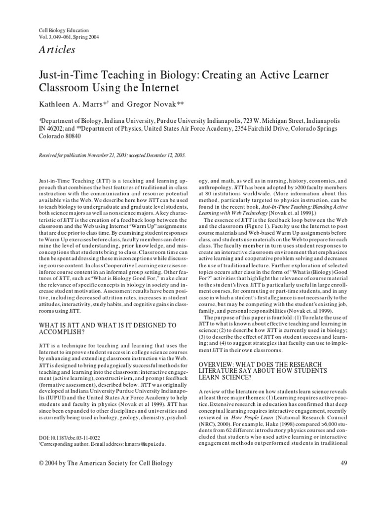 5 Just in Time Teaching PDF Science Education Educational Assessment