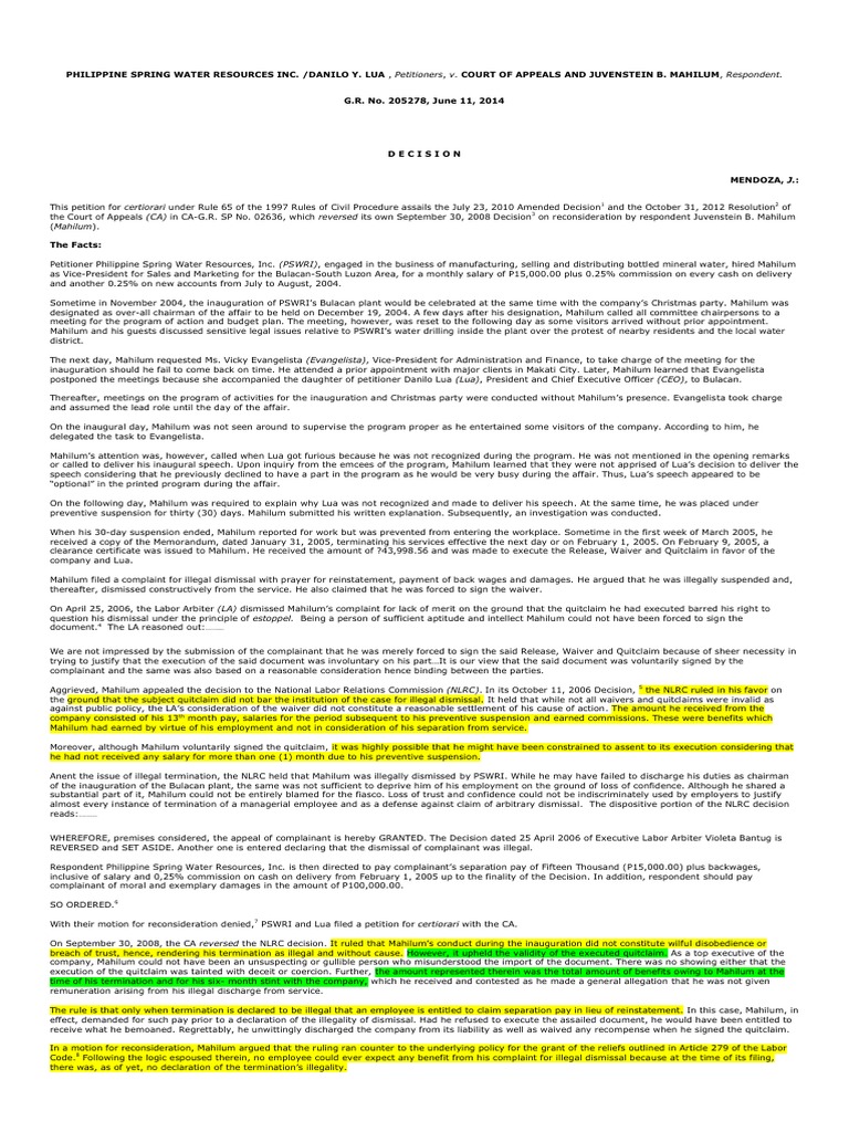 Phil Springwater Vs CA | PDF | Certiorari | Employment