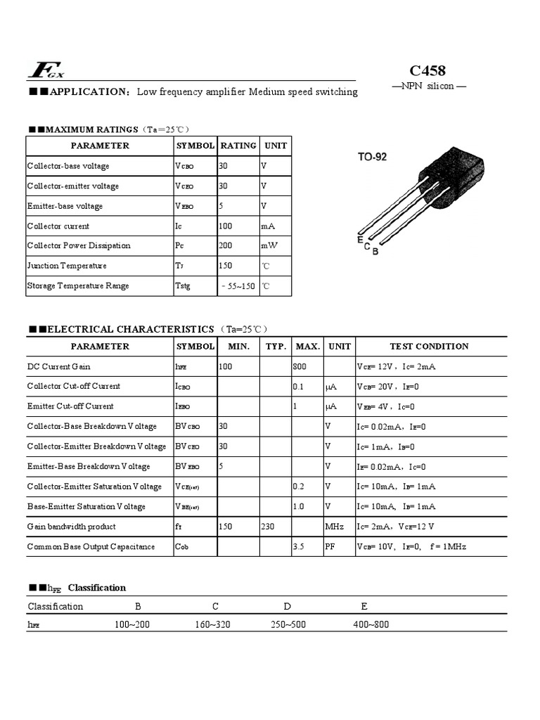 C458 NPN Transistor Specifications | PDF | Technology & Engineering