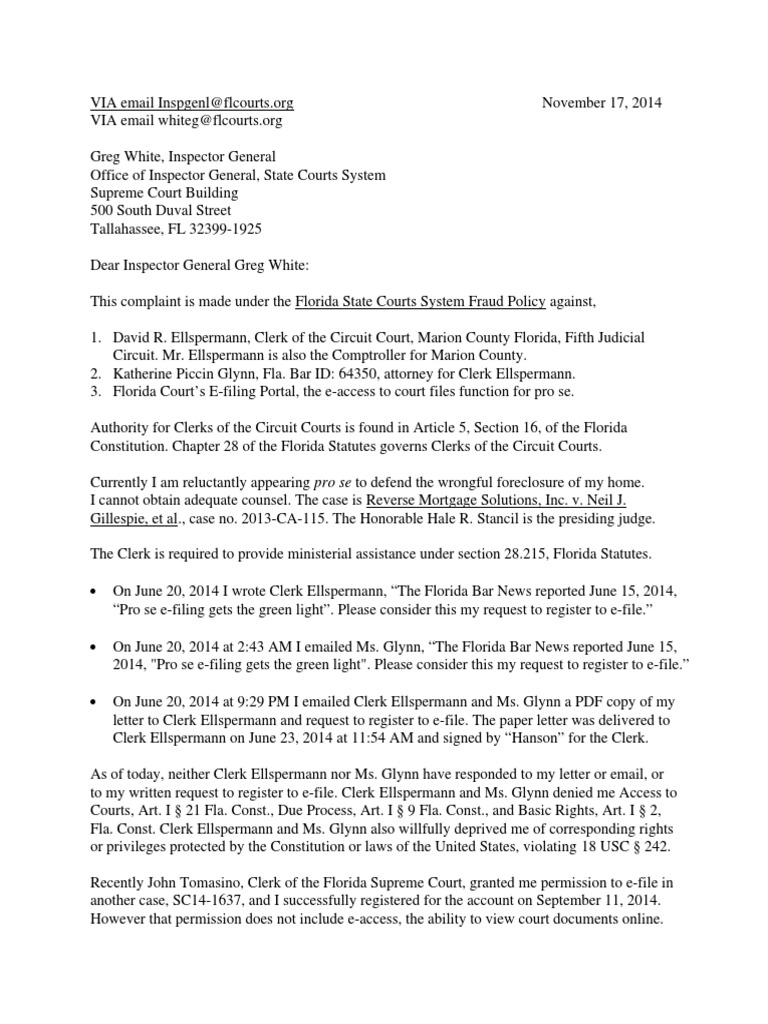 Complaint to Inspector General Greg White, Clerk David Ellspermann