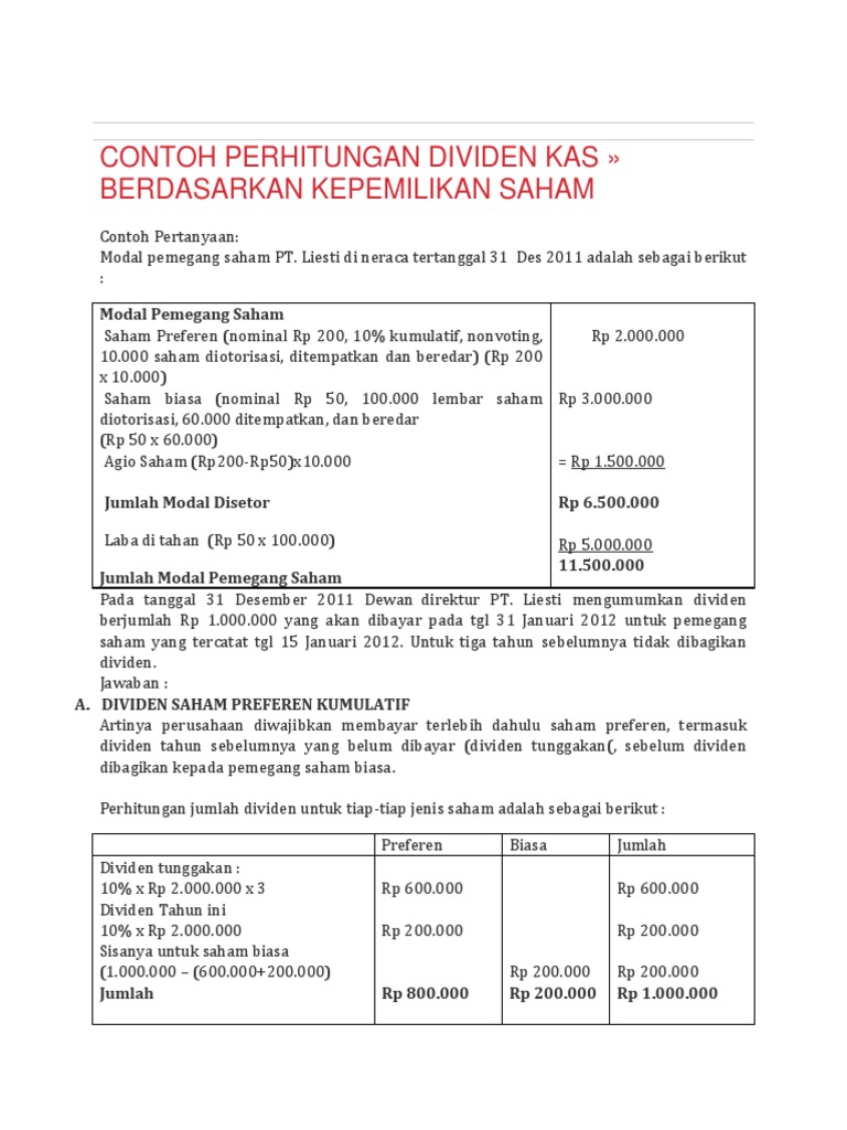 Contoh Perhitungan Dividen Kas Berdasarkan Kepemilikan Saham