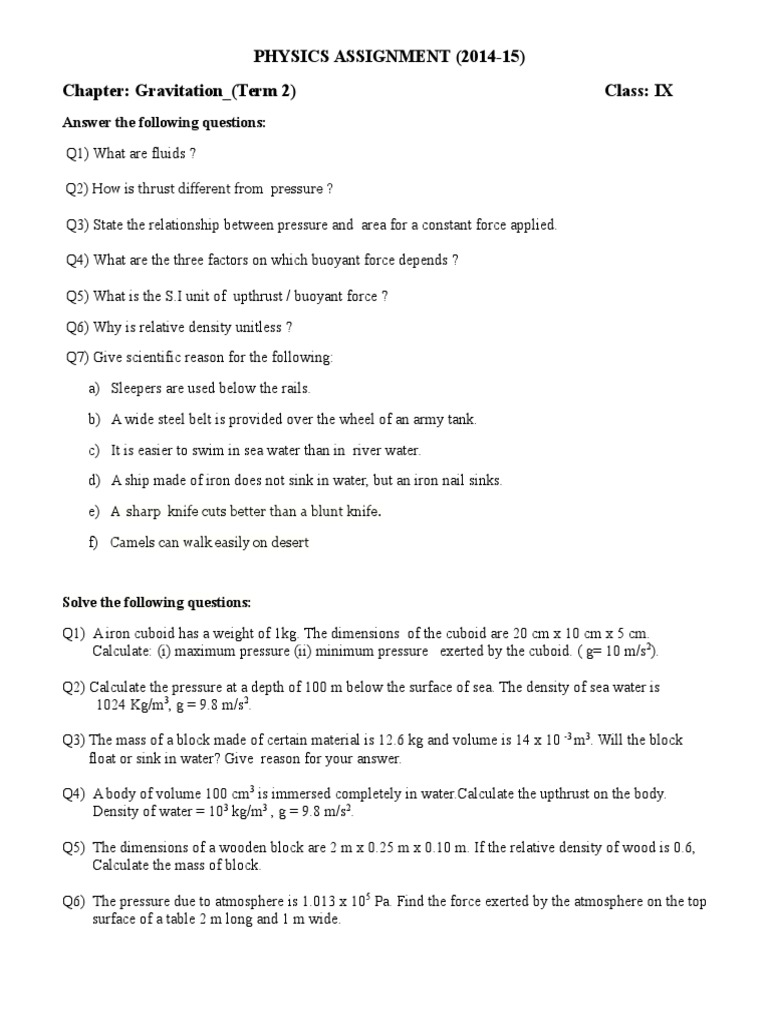 Class 9 Gravitation Assignment | PDF | Science & Mathematics