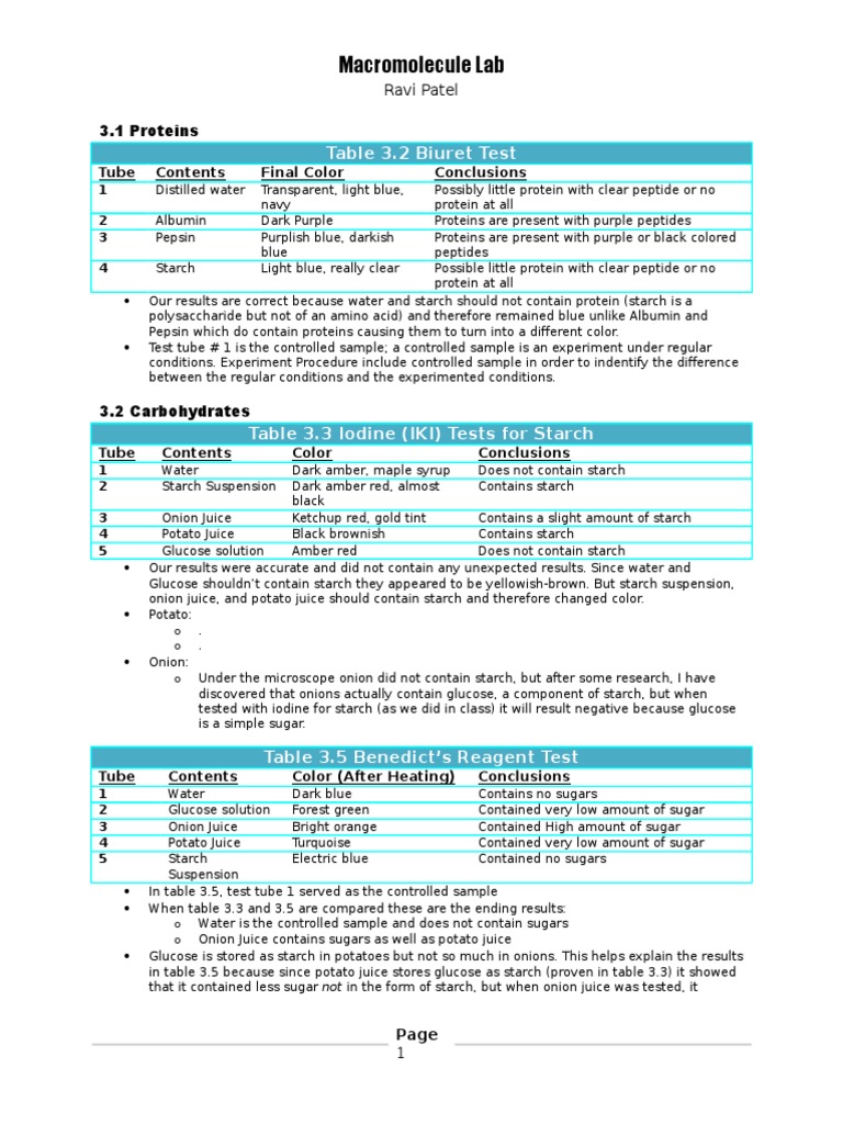 Macromolecule Lab Answers | PDF | Starch | Emulsion