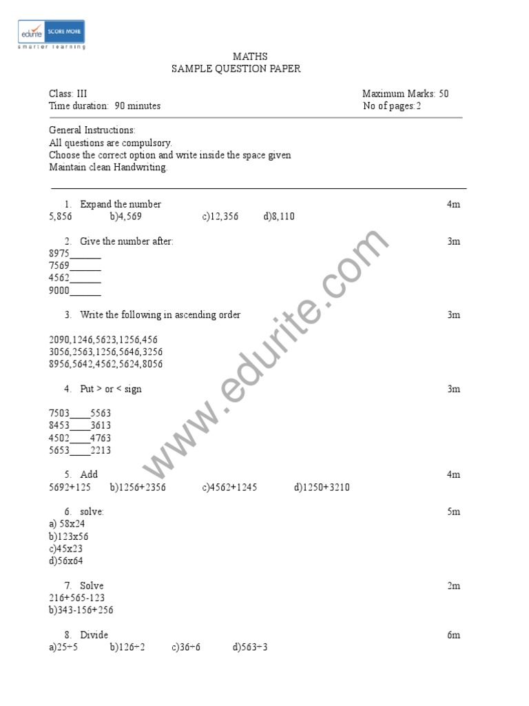 Class 3 ICSE Maths Sample Paper Model 1 | PDF | Learning | Behavior ...