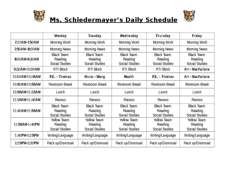 Ms. Schiedermayer's Weekly Class Schedule | PDF | Language Arts ...