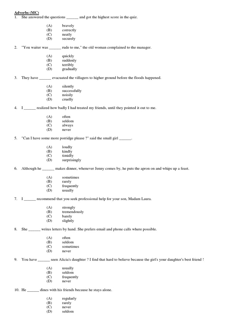 Adverbs Multiple Choice Quiz | PDF | Language Arts & Discipline ...