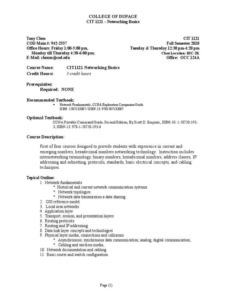 An Introduction to Networking Fundamentals Syllabus for CIT 1121
