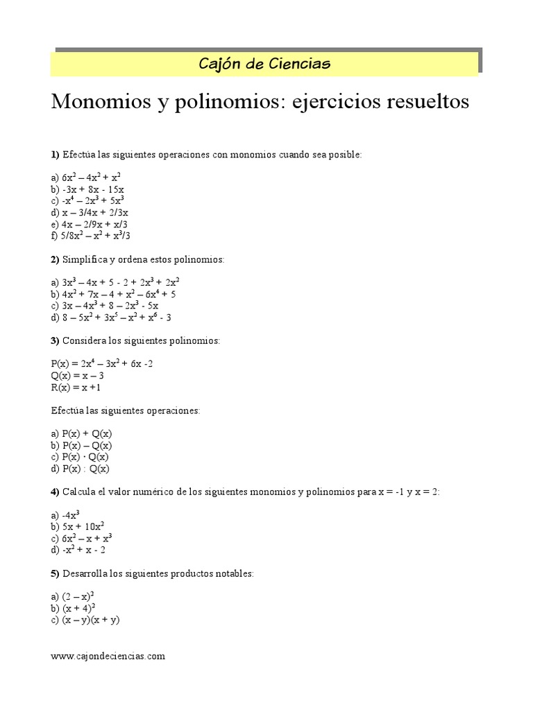 Monomios y Polinomios ER | PDF | Álgebra | Enseñanza de matemática