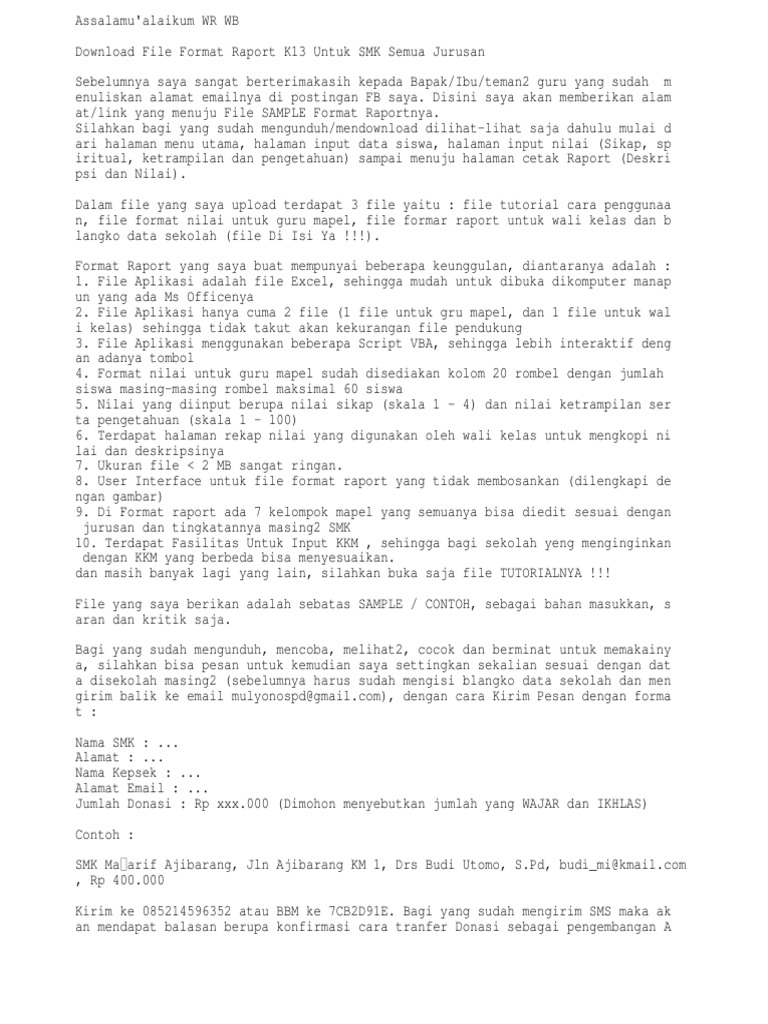 File Format Raport K13 Untuk Khusus SMK