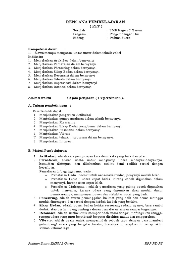Rpp Unsur Tehnik Vokal Doc