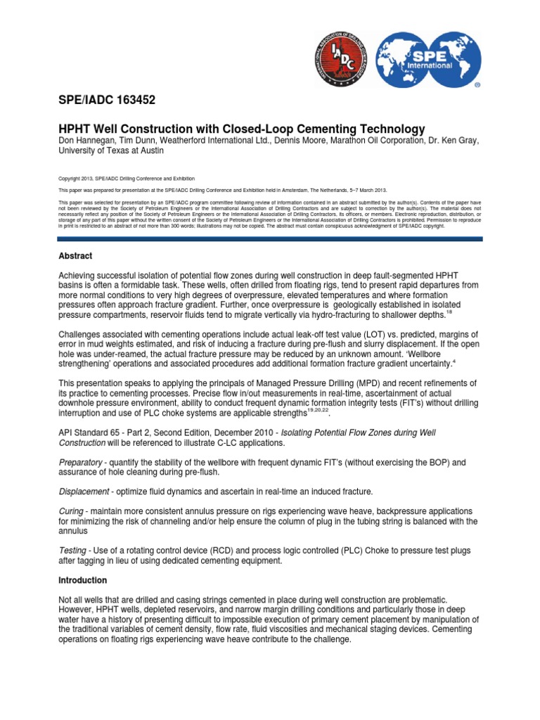 HPHT Well Construction With Closed-Loop Cementing (C-LC) Technology ...