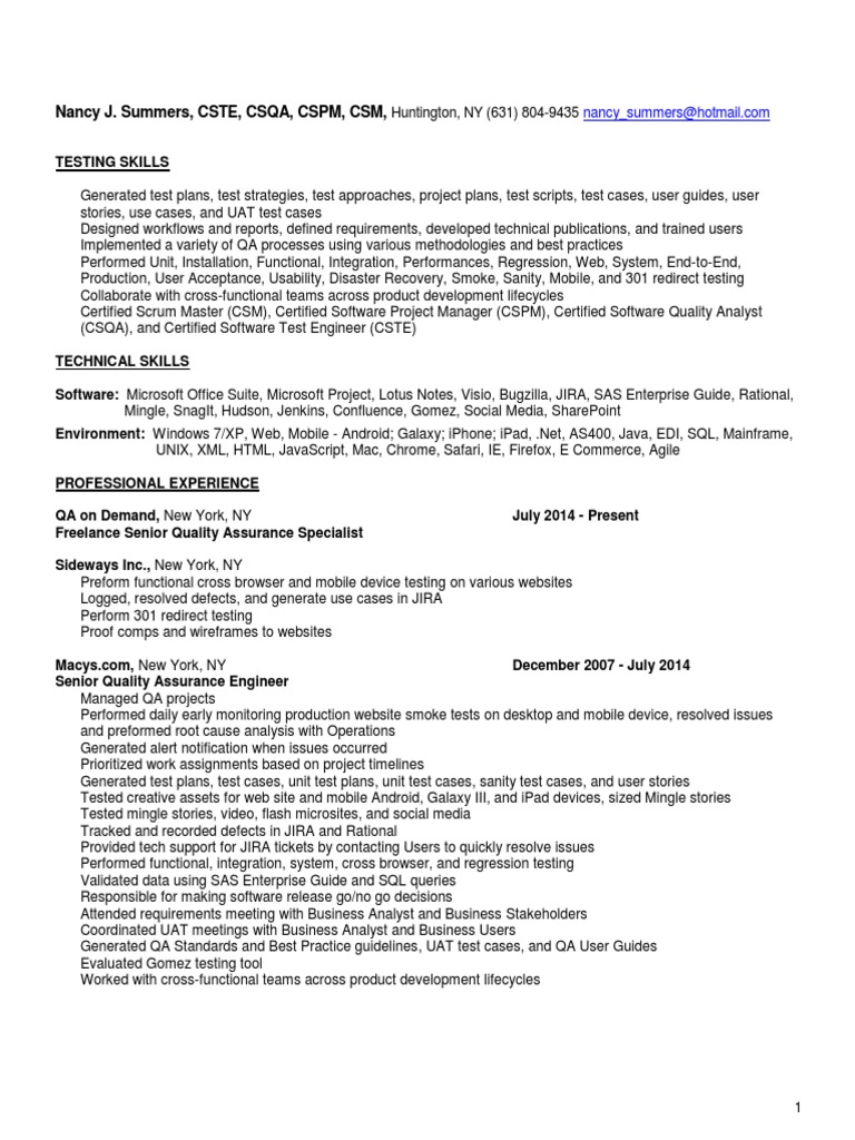Senior Quality Assurance Engineer Profile | PDF | Software Testing ...