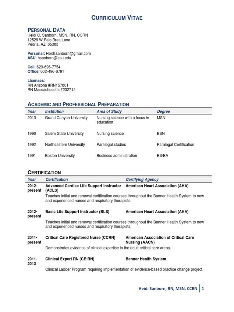 Cv Sanbornheidirn National Council Licensure Examination Nursing