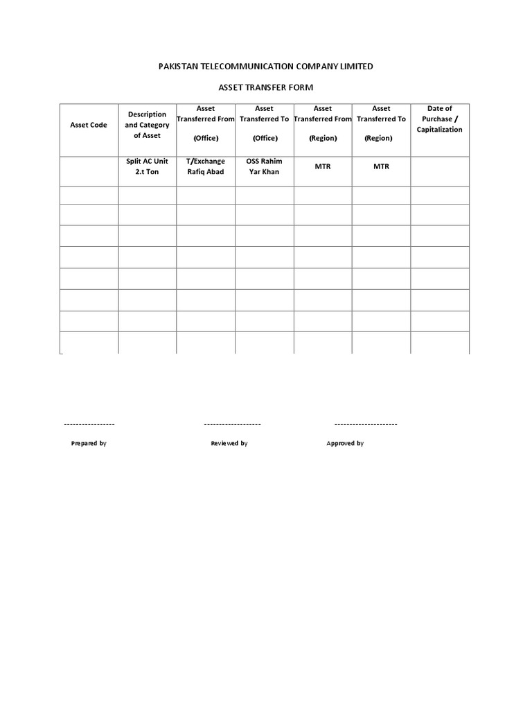 Pakistan Telecommunication Company Limited Asset Transfer Form | PDF