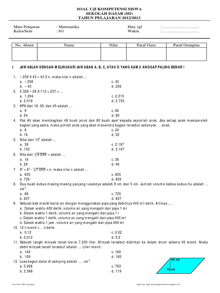 Soal Uts Matematika Semester Ganjil Kelas 6(1)