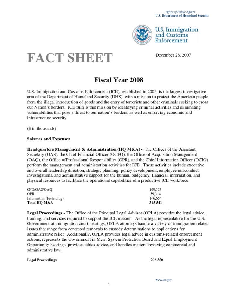 ICE Fact Sheet - FY2008 Budget (12/28/07) | PDF | U.S. Immigration And ...