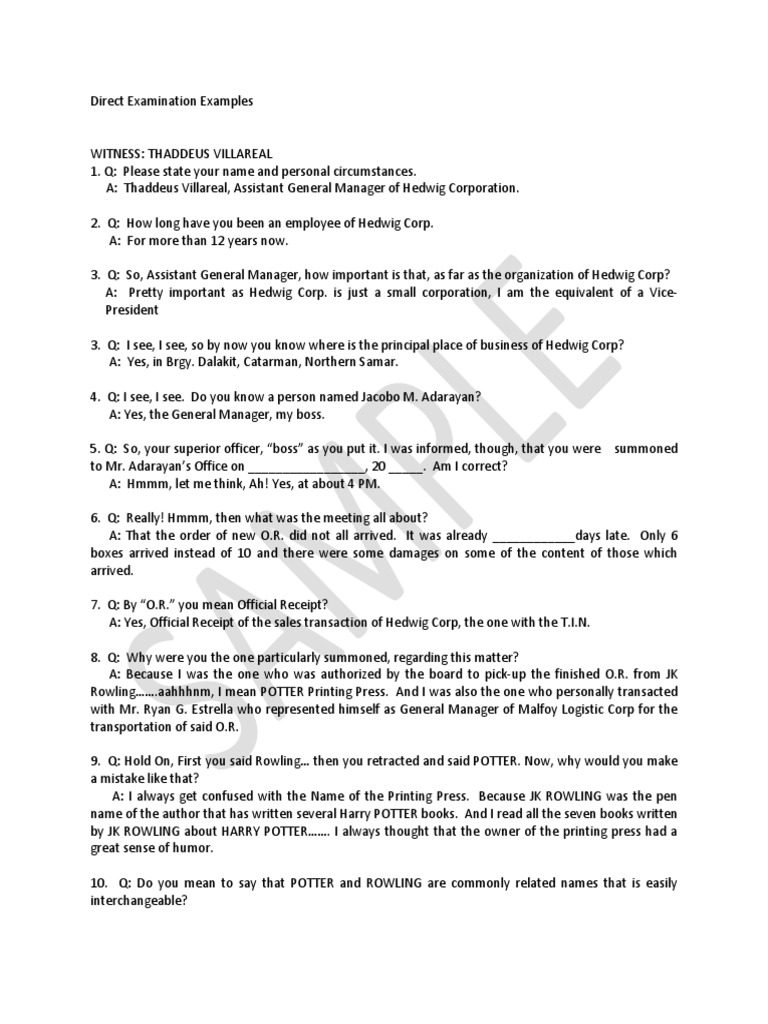 Direct Examination of Thaddeus Villareal | PDF | J. K. Rowling | Violence