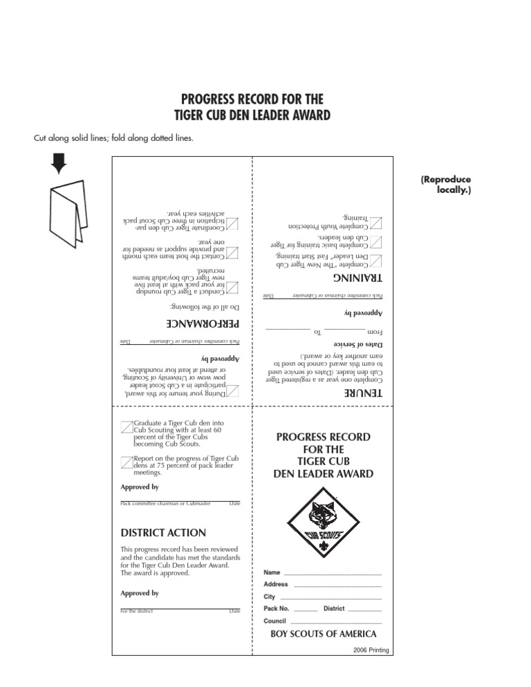 Tiger Cub Den Leader Award Progress Record | PDF | Girl Guiding And ...