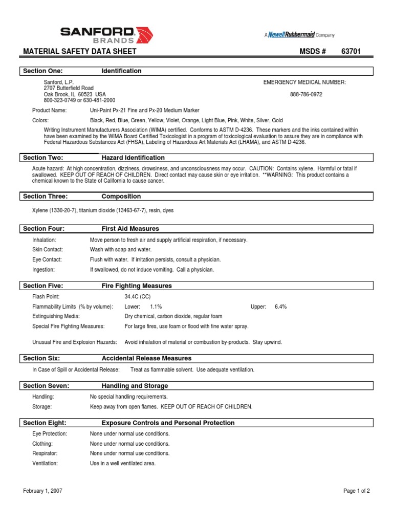 MSDS Uni Paint Marker PX20 2 Seguridad Química