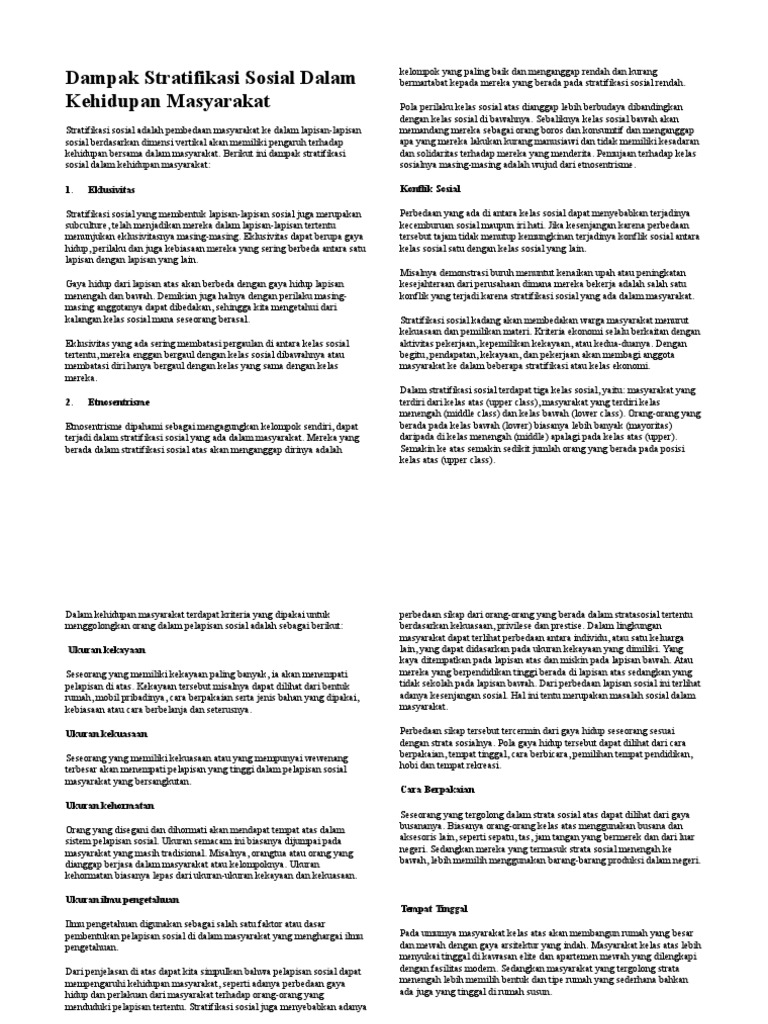 Dampak Stratifikasi Sosial Dalam Kehidupan Pdf