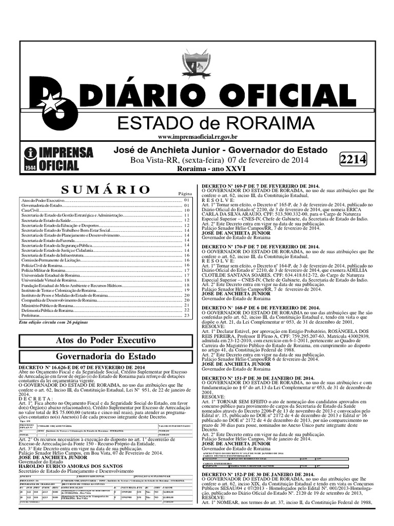 Atos do Poder Executivo do Estado de Roraima publicados na edição no ...