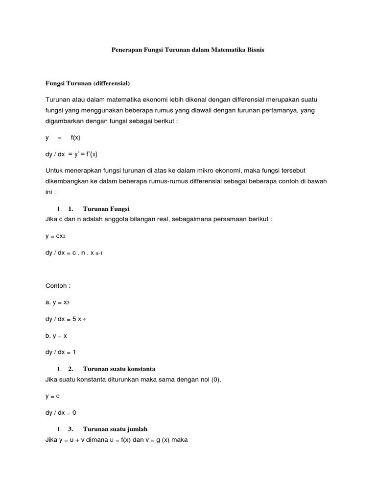 Penerapan Fungsi Turunan Dalam Matematika Bisnis