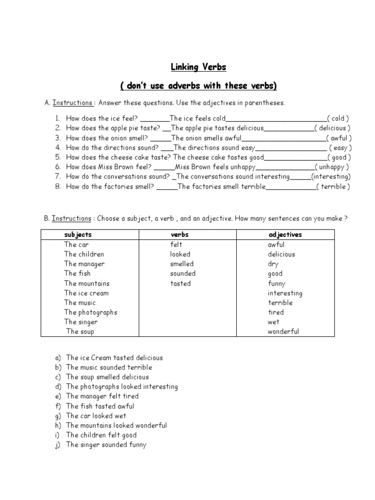 Linking Verbs and Adjectives Exercise | PDF | Language Arts ...