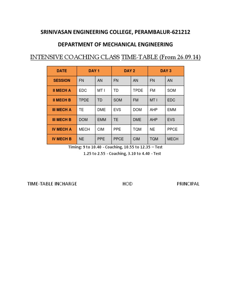 Intensive Coaching Timetable for ME Students | PDF | Technology ...