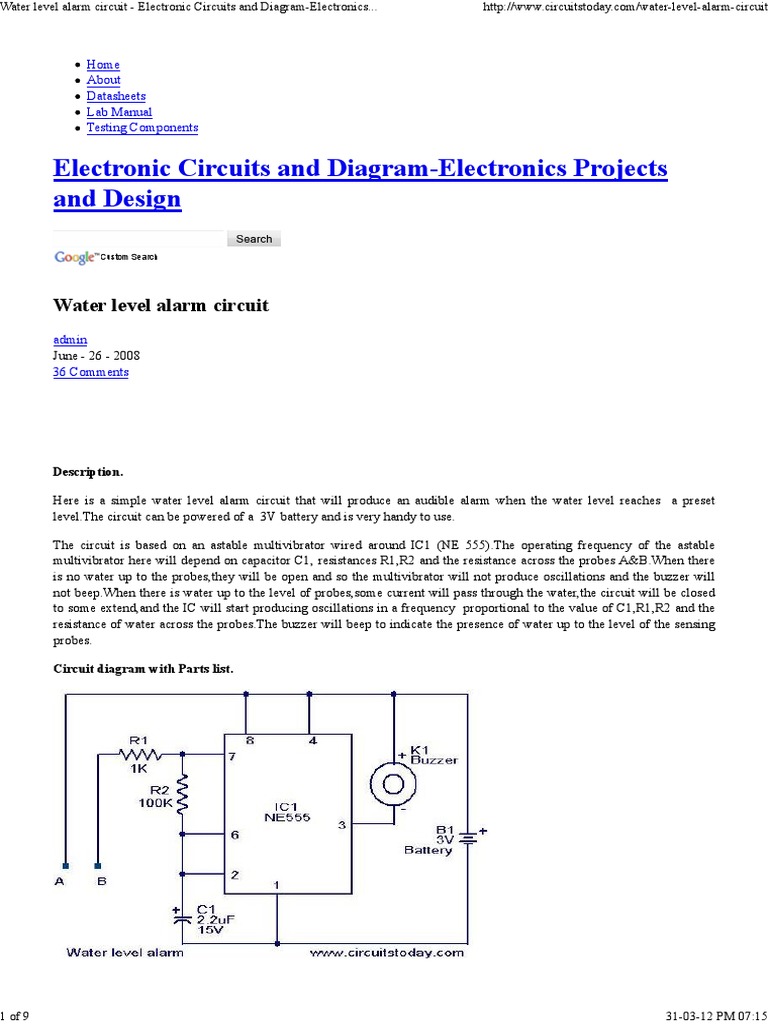 Water Level Alarm Circuit Electronic Circuits and DiagramElectronics
