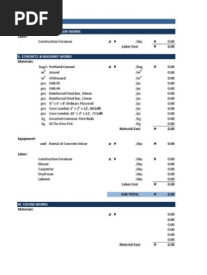 Construction Material Estimate sheet