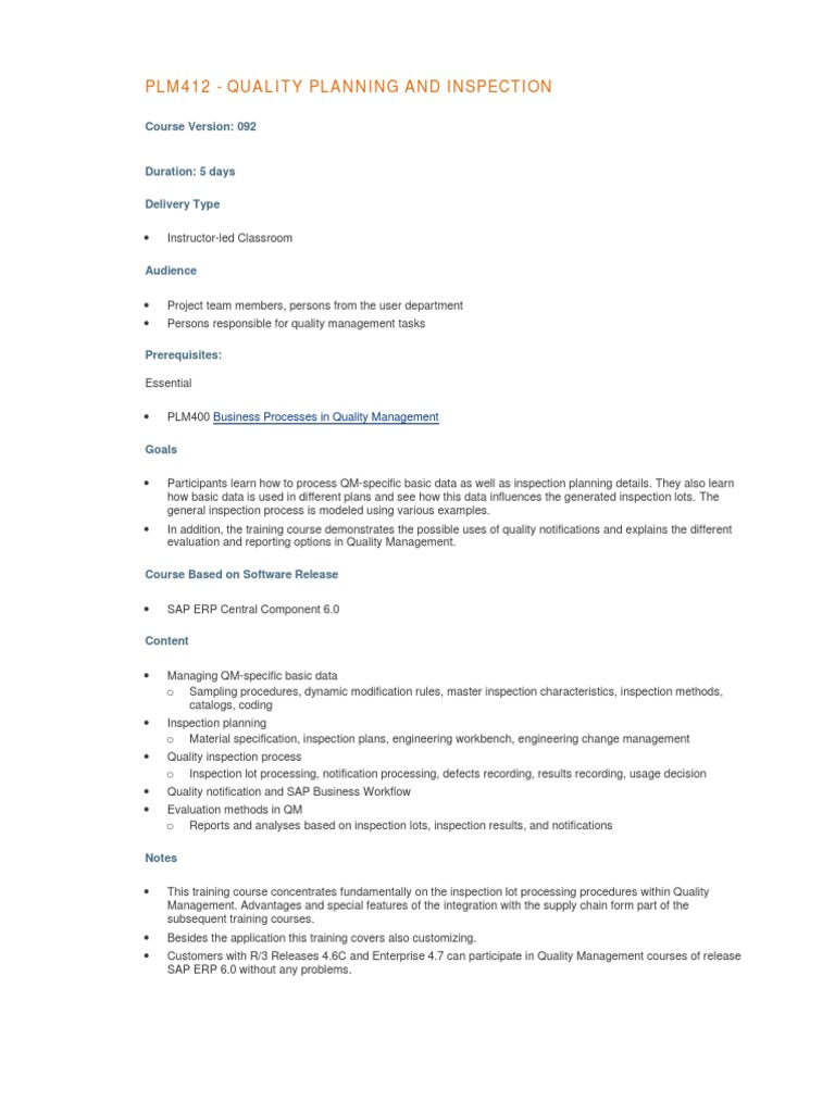 Quality Planning & Inspection Course | PDF