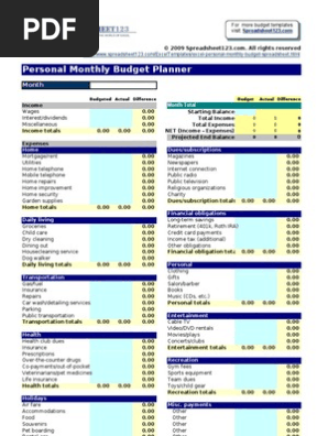 Personal Monthly Budget Planner