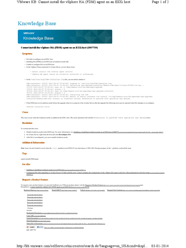 Cannot Install The VSphere HA (FDM) Agent On An ESXi Host (2007739