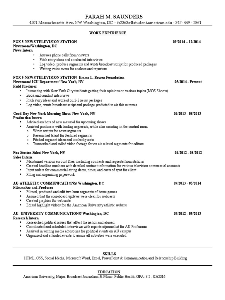 Broadcast Journalism Experience Resume | PDF