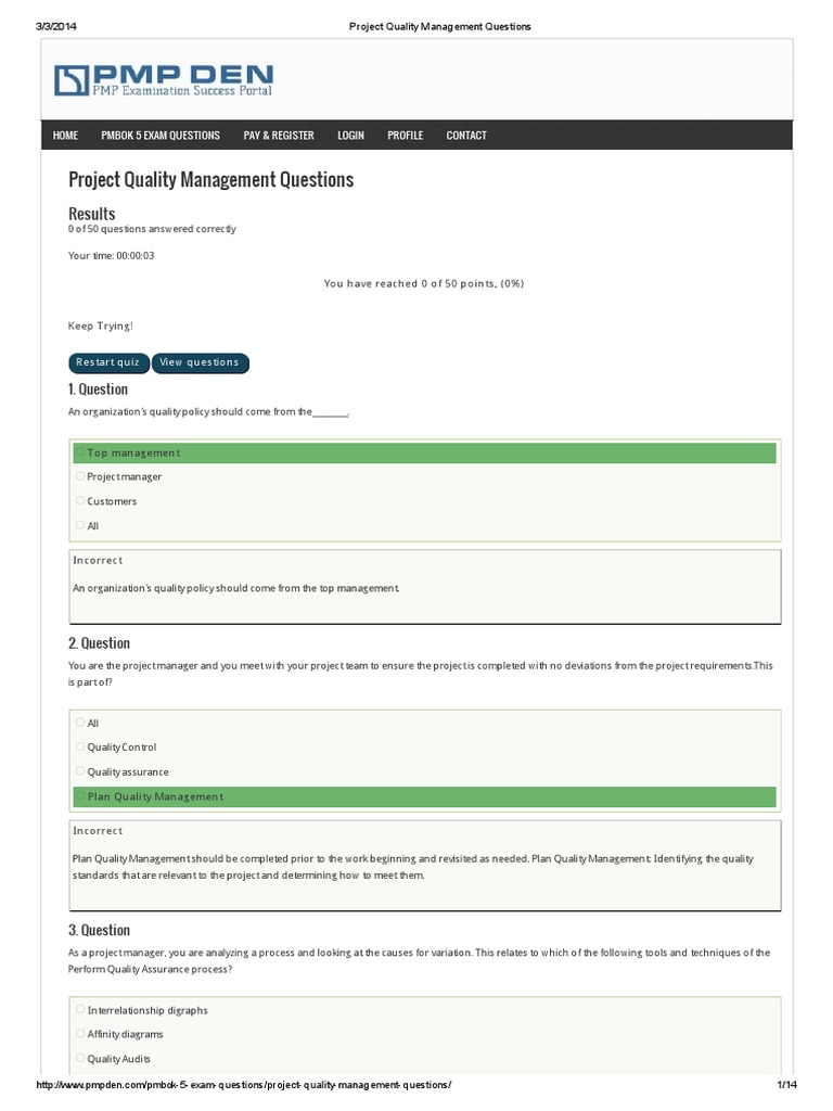 Project Quality Management Questions Quality Assurance Quality