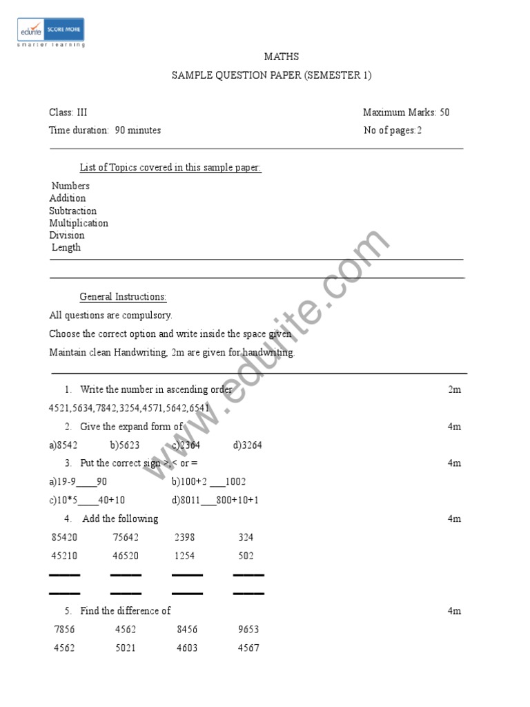 ICSE Class 3 Maths Sample Paper Term 1 | PDF | Newspapers | Numbers