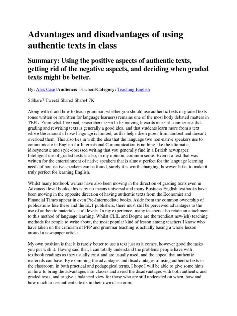 ADVANTAGES AND DISADVANTAGES OF USING AUTHENTIC TEXTS IN CLASS intelligence overview