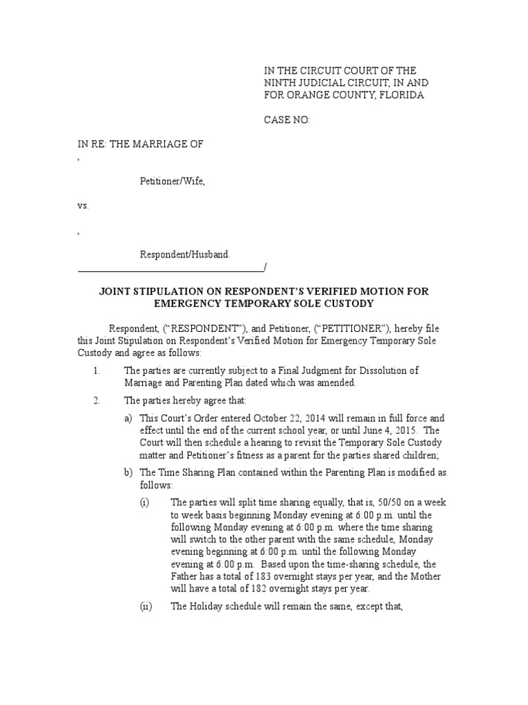 Joint Stipulation for Temporary Custody | PDF | Child Custody | Social ...